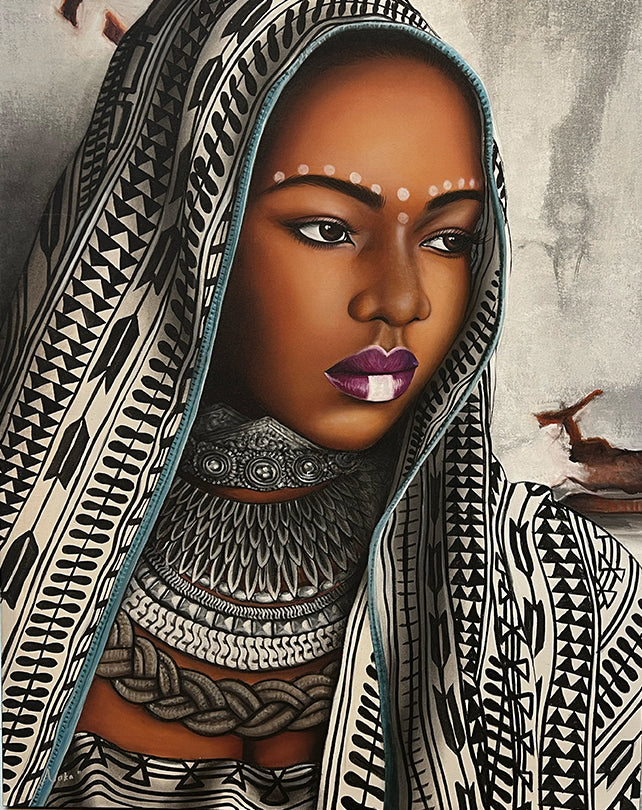 African Lady with ornate scarf & purple lips