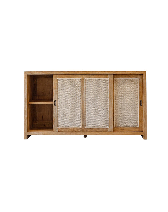 Wooden cabinet with three sliding doors on a white background