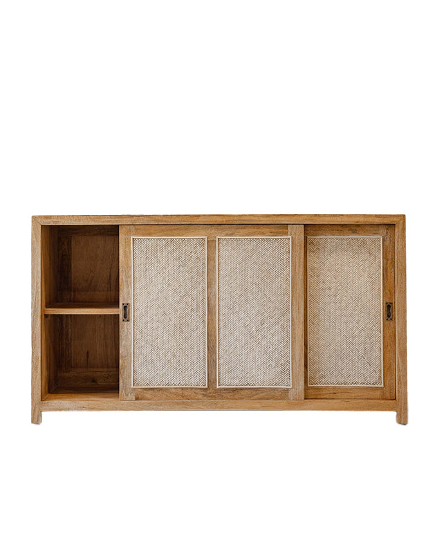 Wooden cabinet with woven doors on a white background