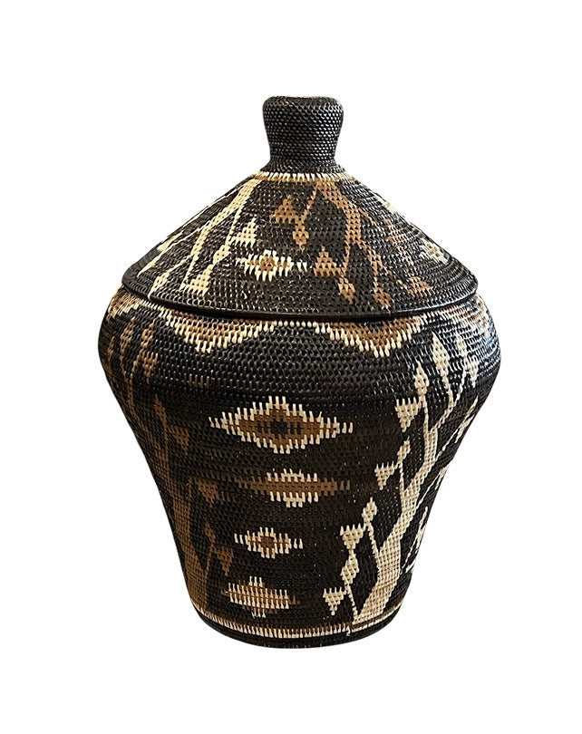 African Tribal Motif Basket w/lid - Black with Brown & Cream Patterns