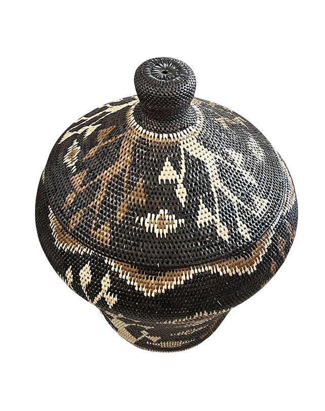 African Tribal Motif Basket w/lid - Black with Brown & Cream Patterns