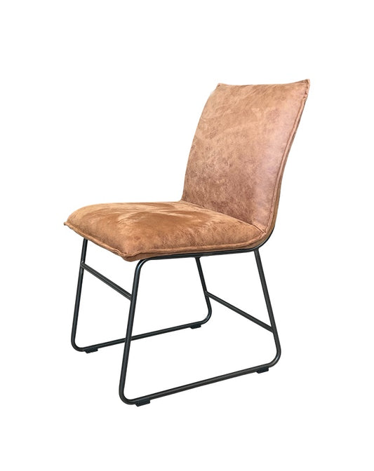 Brown leather chair with black metal legs on a white background