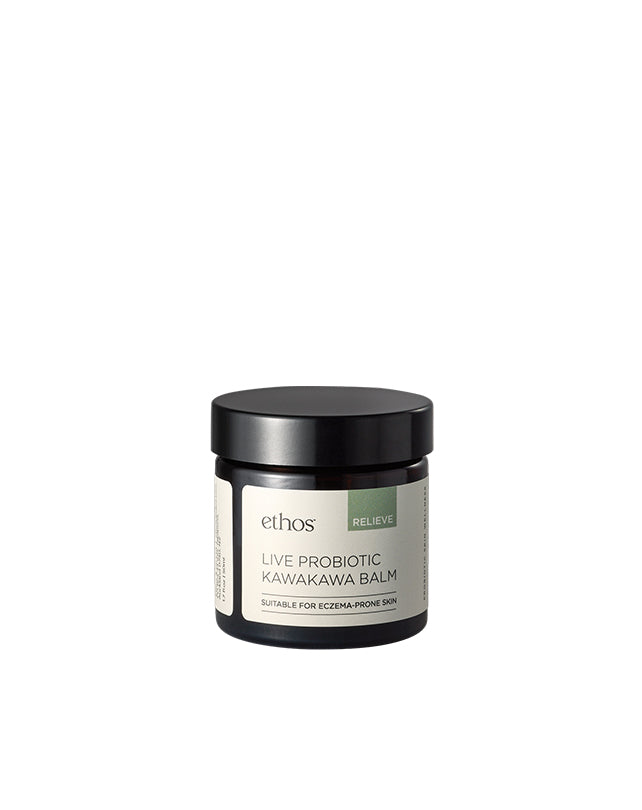 Jar of ethos Live Probiotic Kawakawa Balm on a white background
