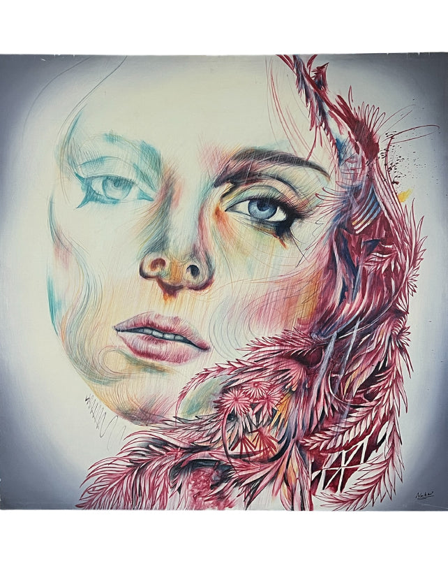 Artistic depiction of a woman's face with feathers and abstract elements