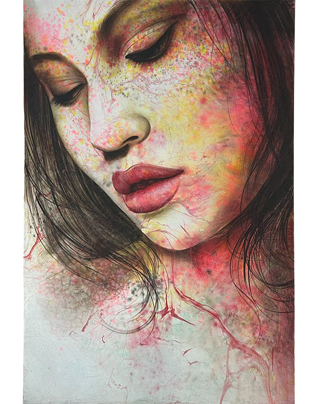 Artistic depiction of a woman's face with colorful abstract patterns