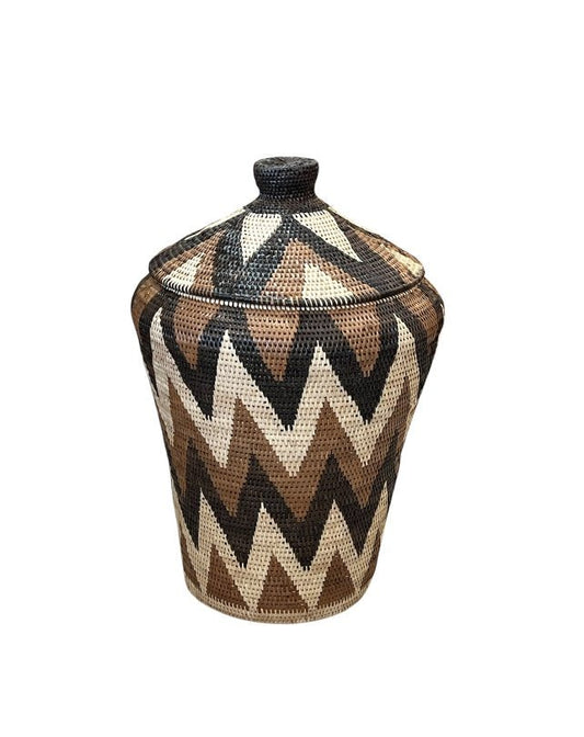 African Tribal Motif Basket w/lid - Black, Brown & Cream Zigzag - Homewares - Republic Home