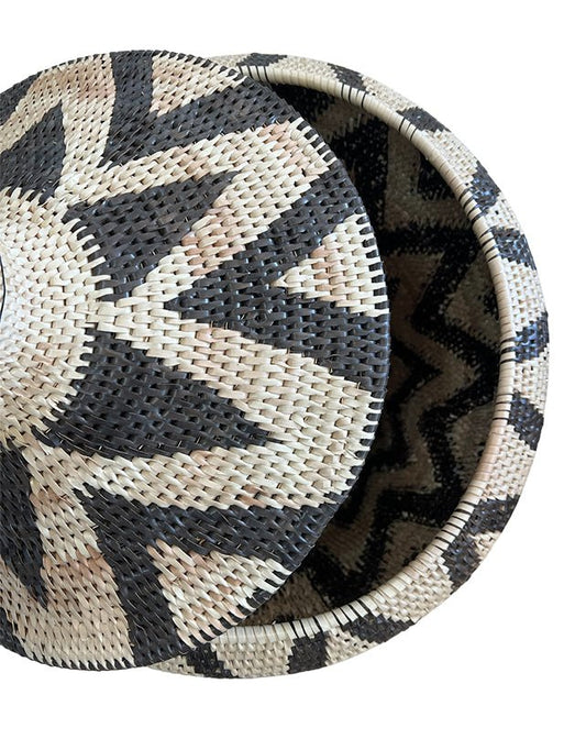 African Tribal Motif Basket w/lid - Black & Cream Zigzag - Homewares - Republic Home