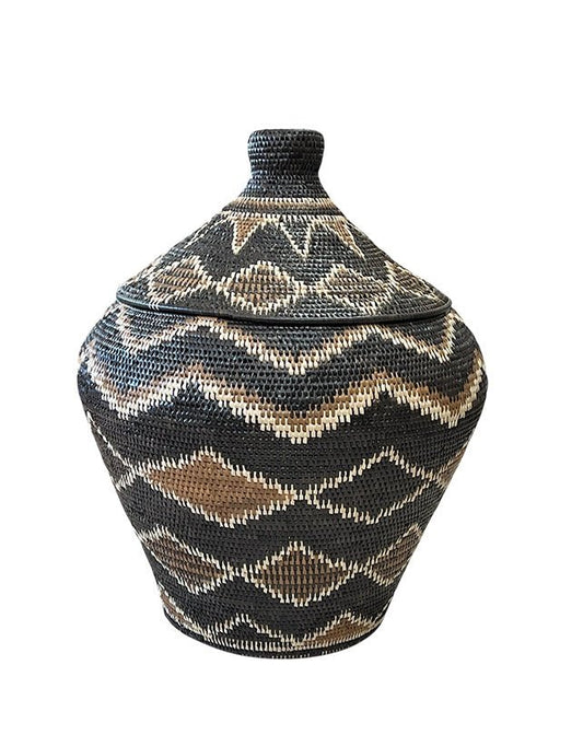 African Tribal Motif Basket w/lid - Black with Brown & Cream Diamonds & Zigzag - Homewares - Republic Home