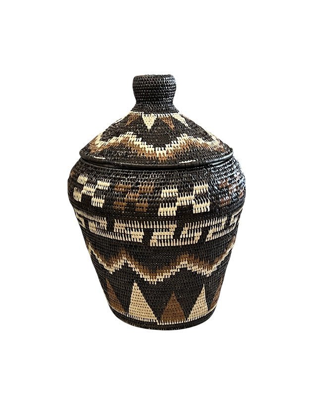 African Tribal Motif Basket w/lid - Black with Brown & Cream Varied Patterns - Homewares - Republic Home