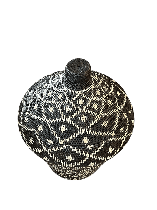 African Tribal Motif Basket w/lid - Black withCream Diamonds - Homewares - Republic Home