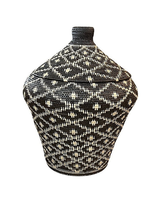 African Tribal Motif Basket w/lid - Black withCream Diamonds - Homewares - Republic Home