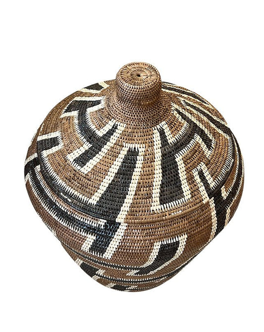 African Tribal Motif Basket w/lid - Brown w/Black & Cream Pattern - Homewares - Republic Home