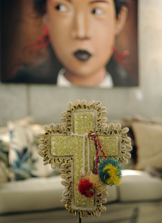 Ahoy trader gold cross with shells and pom poms - Republic Home