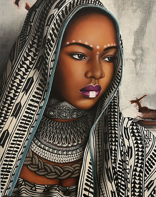 African Lady with ornate scarf & purple lips