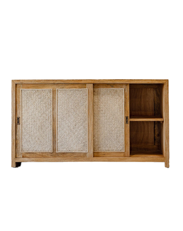 Wooden cabinet with woven doors on a white background
