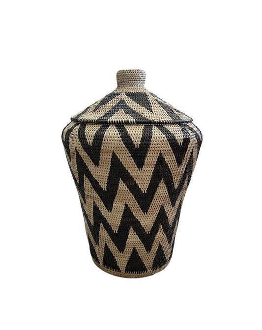 African Tribal Motif Basket w/lid - Black & Cream Zigzag