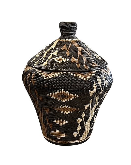 African Tribal Motif Basket w/lid - Black with Brown & Cream Patterns