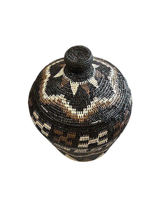 African Tribal Motif Basket w/lid - Black with Brown & Cream Varied Patterns