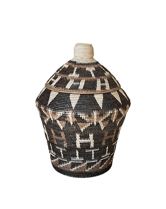 African Tribal Motif Basket w/Lid - Brown/Cream/Black varied pattern