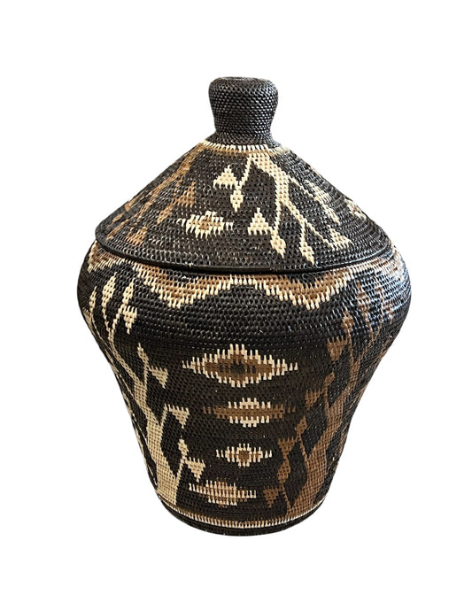 African Tribal Motif Basket w/lid - Black with Brown & Cream Patterns