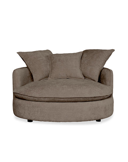 Brown upholstered chair with three cushions on a white background