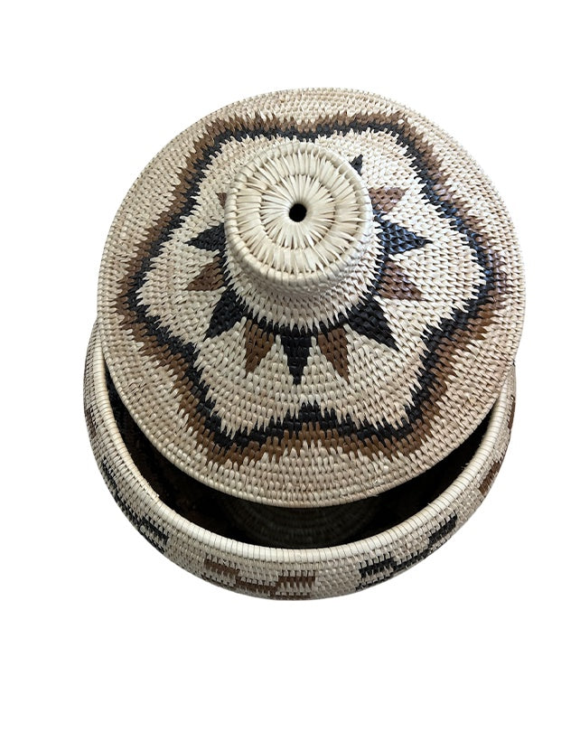 African Tribal Motif Basket w/Lid - Cream & Black/Brown Motif