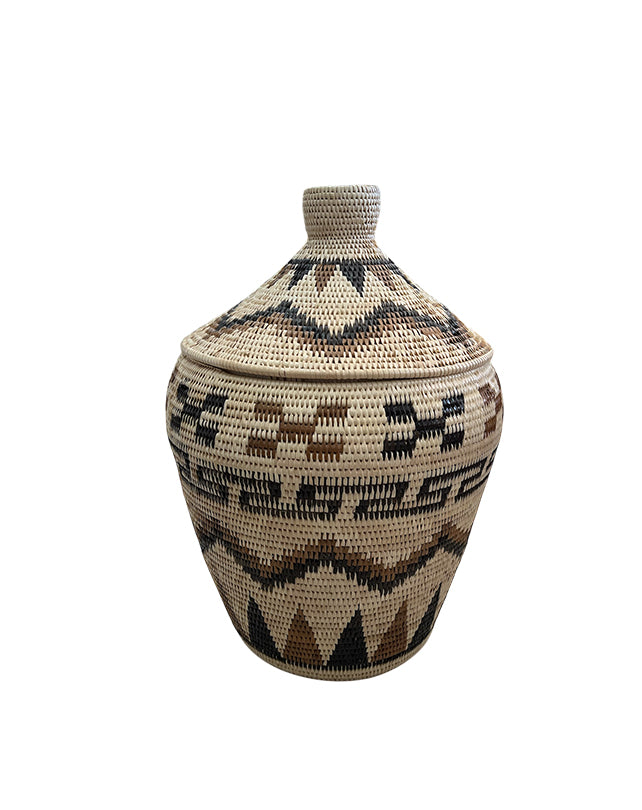 African Tribal Motif Basket w/Lid - Cream & Black/Brown Motif