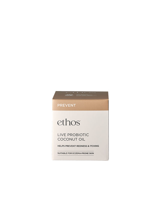 Box of ethos Live Probiotic Coconut Oil on a white background