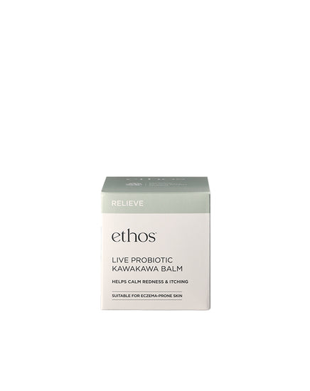 Box of ethos Live Probiotic Kawakawa Balm on a white background