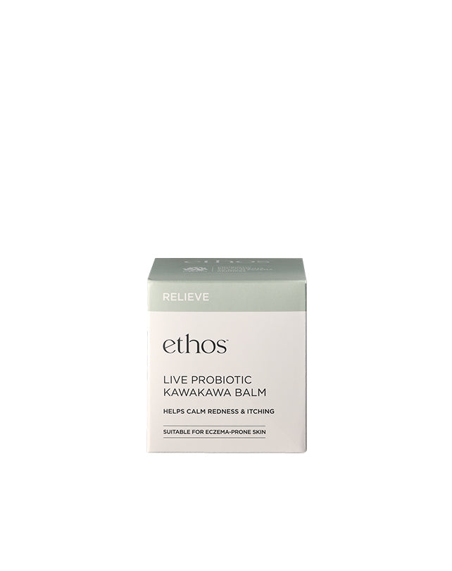 Box of ethos Live Probiotic Kawakawa Balm on a white background
