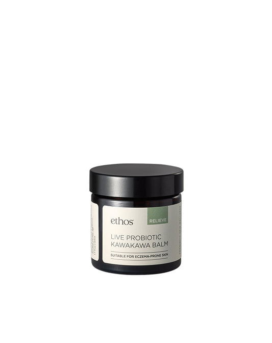 Jar of ethos Live Probiotic Kawakawa Balm on a white background