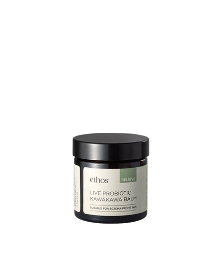 Jar of ethos Live Probiotic Kawakawa Balm on a white background