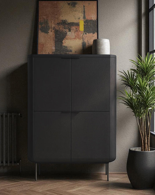 Black cabinet with abstract painting and plant in a room setting