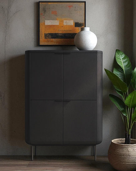 Dark gray cabinet with a vase and plant in a room setting