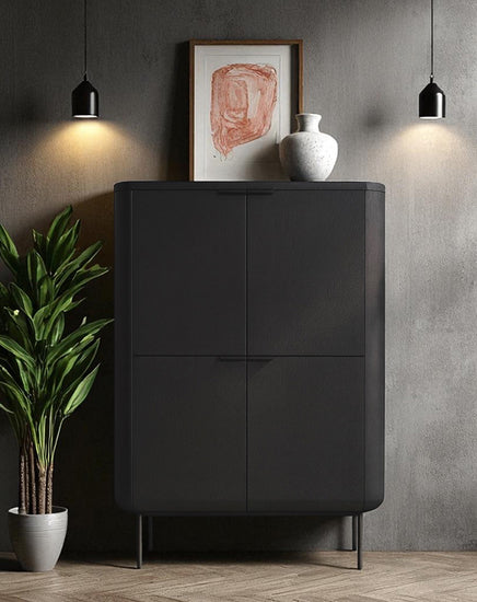 Modern black cabinet against a gray wall with a plant and artwork.