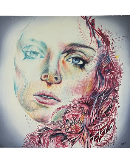 Artistic depiction of a woman's face with feathers and abstract elements