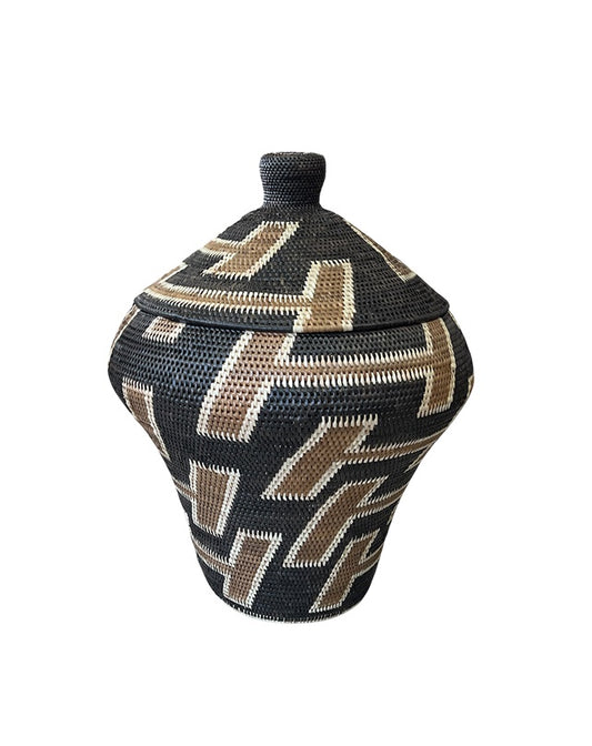 African Tribal Motif Basket w/Lid - Brown/Cream on Black