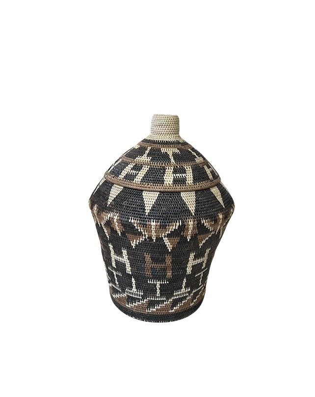 African Tribal Motif Basket w/Lid - Small Brown/Cream on Black