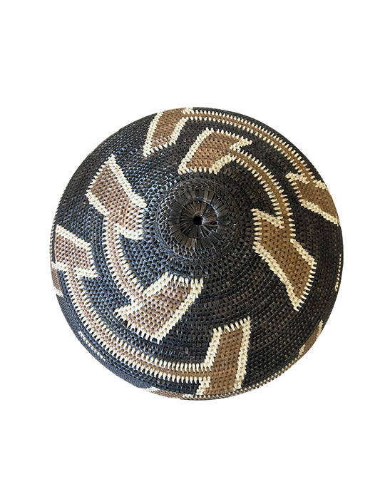 African Tribal Motif Basket w/Lid - Brown/Cream on Black