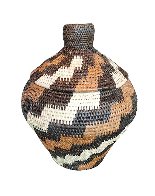 African Tribal Motif Basket with Lid - Stair Diagonal Black - Republic Home - Homewares