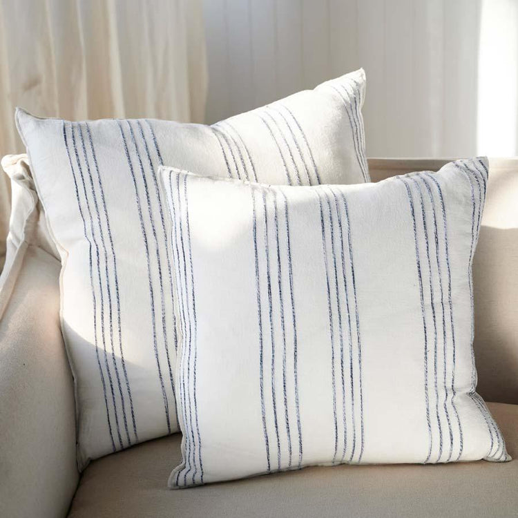 Rock Pool Linen Cushion - White with Navy Stripe 60x60