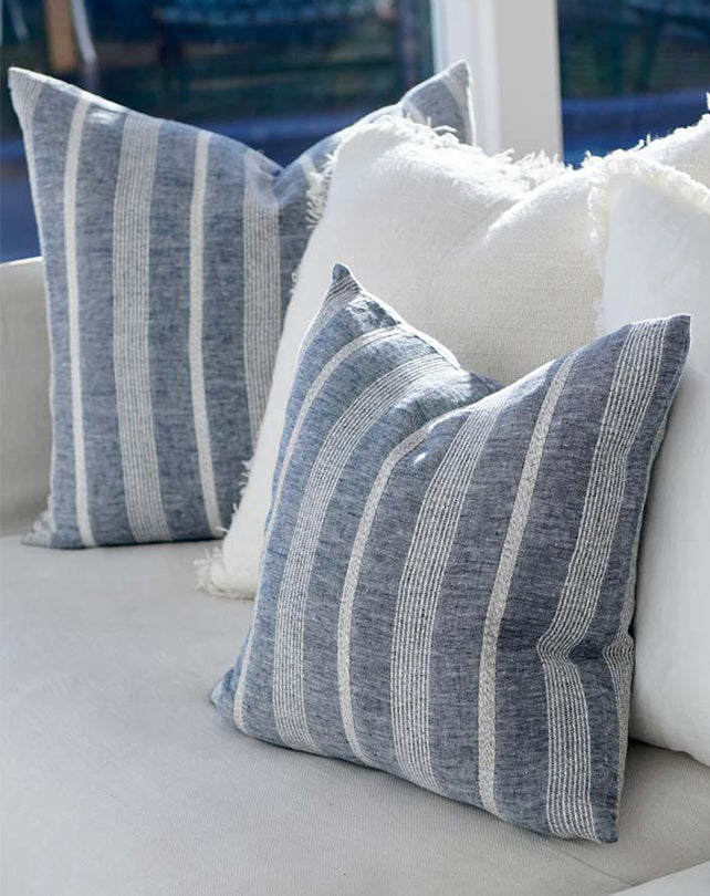Promenade Linen Cushion - Chambray Blue with White Stripe 40x60