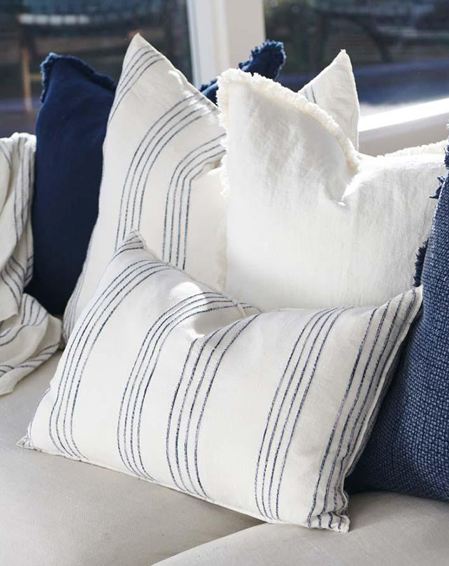 Rock Pool Linen Cushion - White with Navy Stripe 60x60