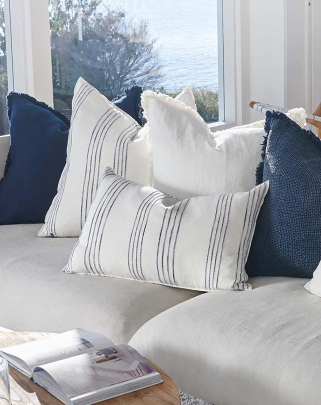 Rock Pool Linen Cushion - White with Navy Stripe 60x60