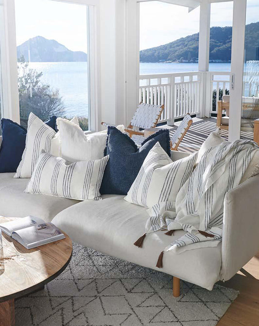 Rock Pool Linen Cushion - White with Navy Stripe 60x60